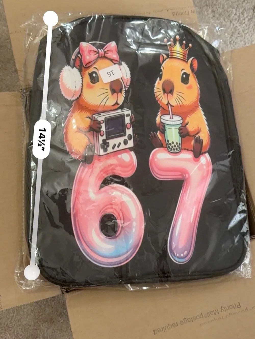 Kids Black Backpack with Pink '67' Hamster Design
